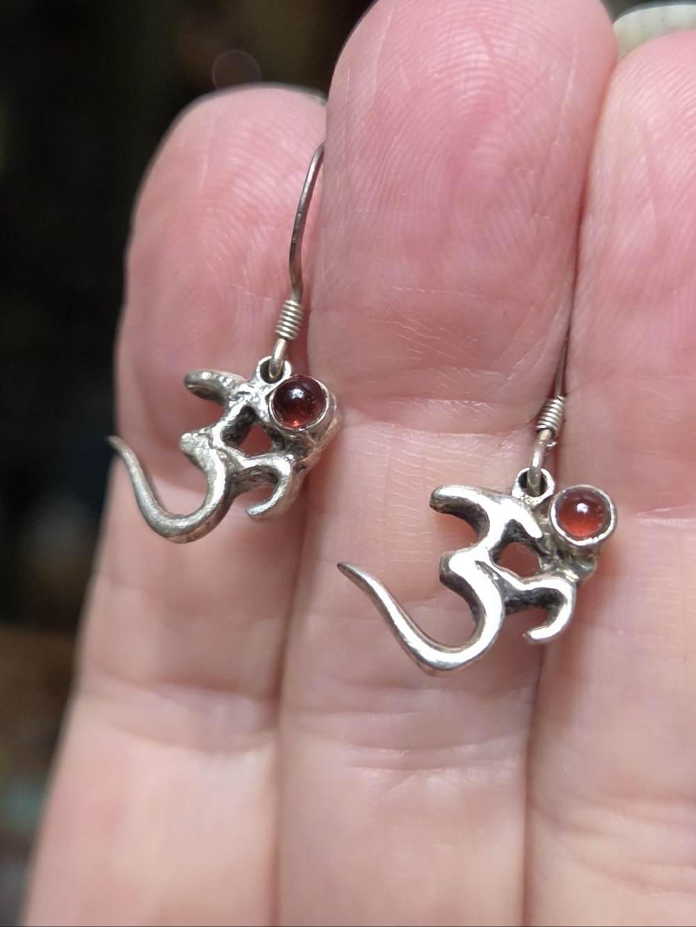 Sterling Silver OM Drop Earrings with Red Garnet Accent - Picture 3 of 5